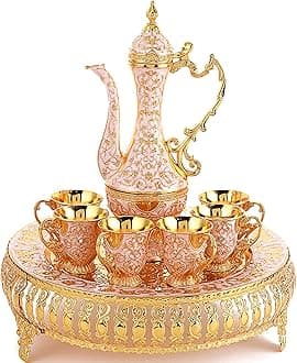 Turkish Coffee Cup and Tea Pot Set Including Teapot,Tea Tray,6 Metal Cups,Tea Service Set for Tea Table Decor,Hip Flask (White and Gold)