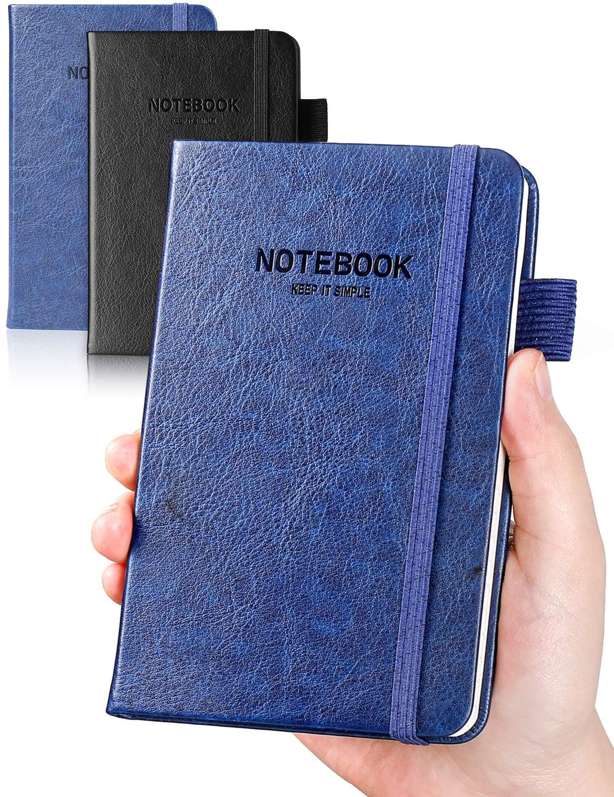 Pocket Notebook Small Notebook 2-Pack, 3.5" x 5.5" Pocket Notebooks Hardcover with Thick Lined Paper, Inner Pockets, Cover Letter Embossing Design Mini Journal Notepad 1Black 1Blue Leather