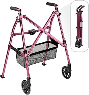 StanderEZ Fold-N-Go Walker, Lightweight Folding Mobility Frame with 2 Swivel Wheels, Elderly Travel Walking Aid, Regal Rose (Eligible for VAT Relief in the UK)