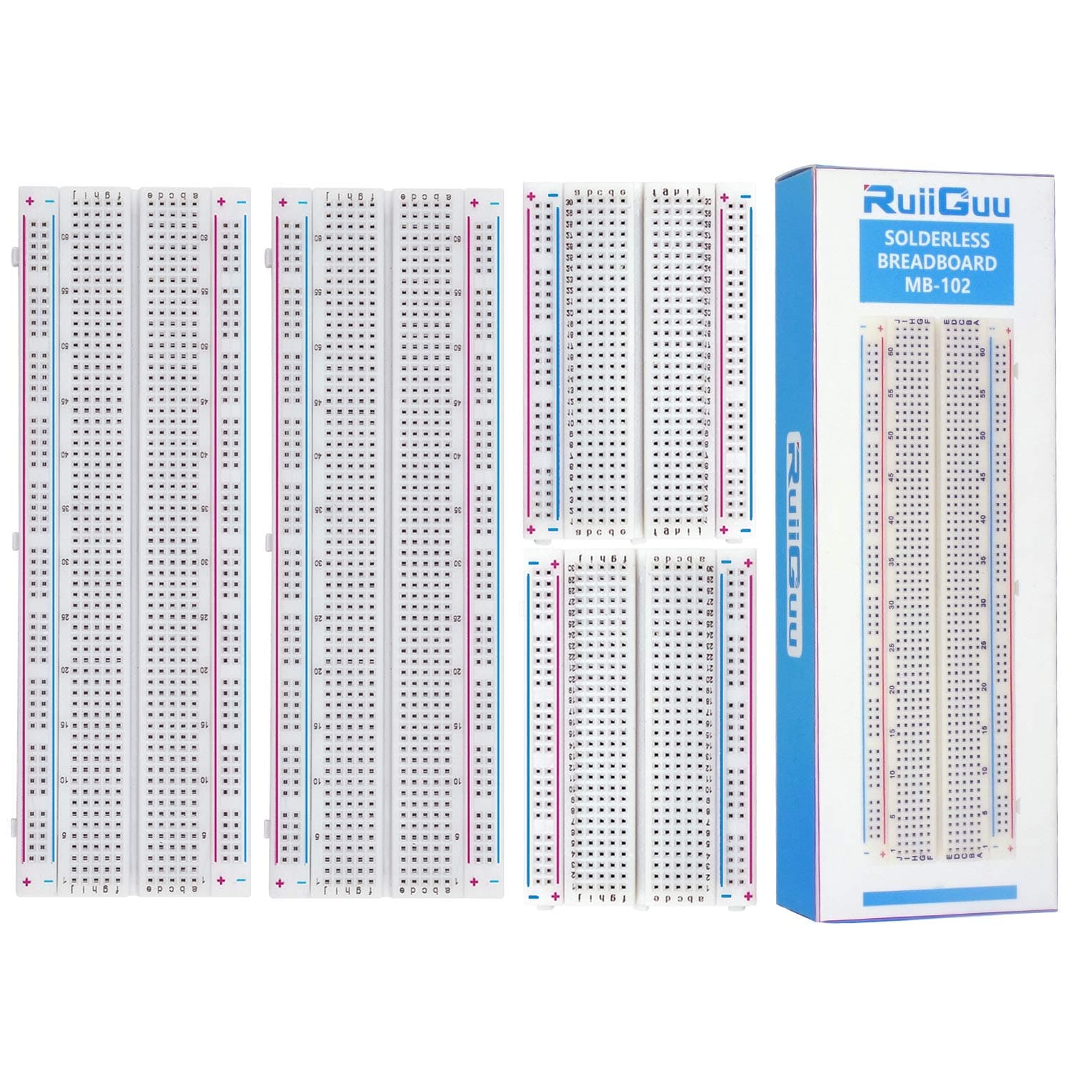 RuiiGuu 4PCS Breadboards include 2PCS 830 Point Solderless Prototype PCB + 2PCS 400 Point Solderless Prototype PCB Breadboard Kit for Arduino Proto Shield Distribution Connecting Blocks