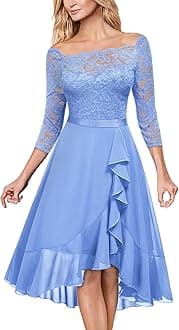 MIUSOLWomen's Elegant Lace Chiffon 2/3 Sleeve Off-Shoulder Cocktail Ball Bridesmaid Patry Swing Midi Dress