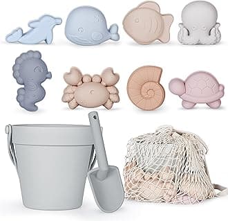MarcZero 11Pcs Silicone Beach Toys Set - Travel Friendly With Bucket, Shovel, 8 Sand Molds, Bag - Modern Baby Sand Toys for Toddlers, Kids (Gray)