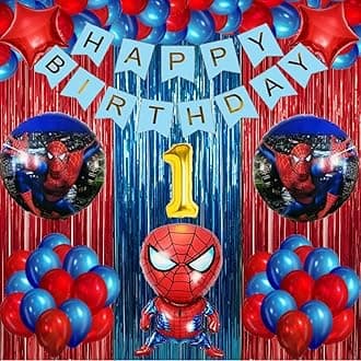 Urban Classic Spiderman theme for 40 balloons( Blue,Red),2 Red star foils,2pc Round Foil avengers balloons,1pc Hero Foil balloons,2 pcs curtains (Red, Blue ),1 Happy Birthday banner. (1st Birthday)