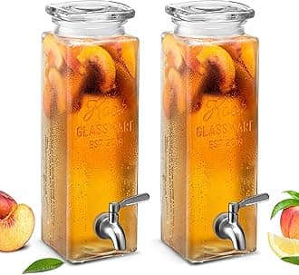 Glass Drink Dispenser, with Leak-Proof Stainless Steel Spigot, Clear Rectangular Mason Jar, Beverage Storage for Fridge, for Water, Iced Tea, Sangria, Lemonade, 80 oz (2)