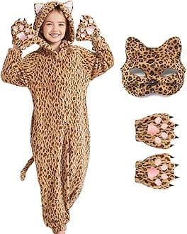 Ezuwail Cheetah Costume Kids Snow Leopard Costume Gloves Mask Cheetah Onesie Bodysuit Halloween Cosplay for Girls Boys