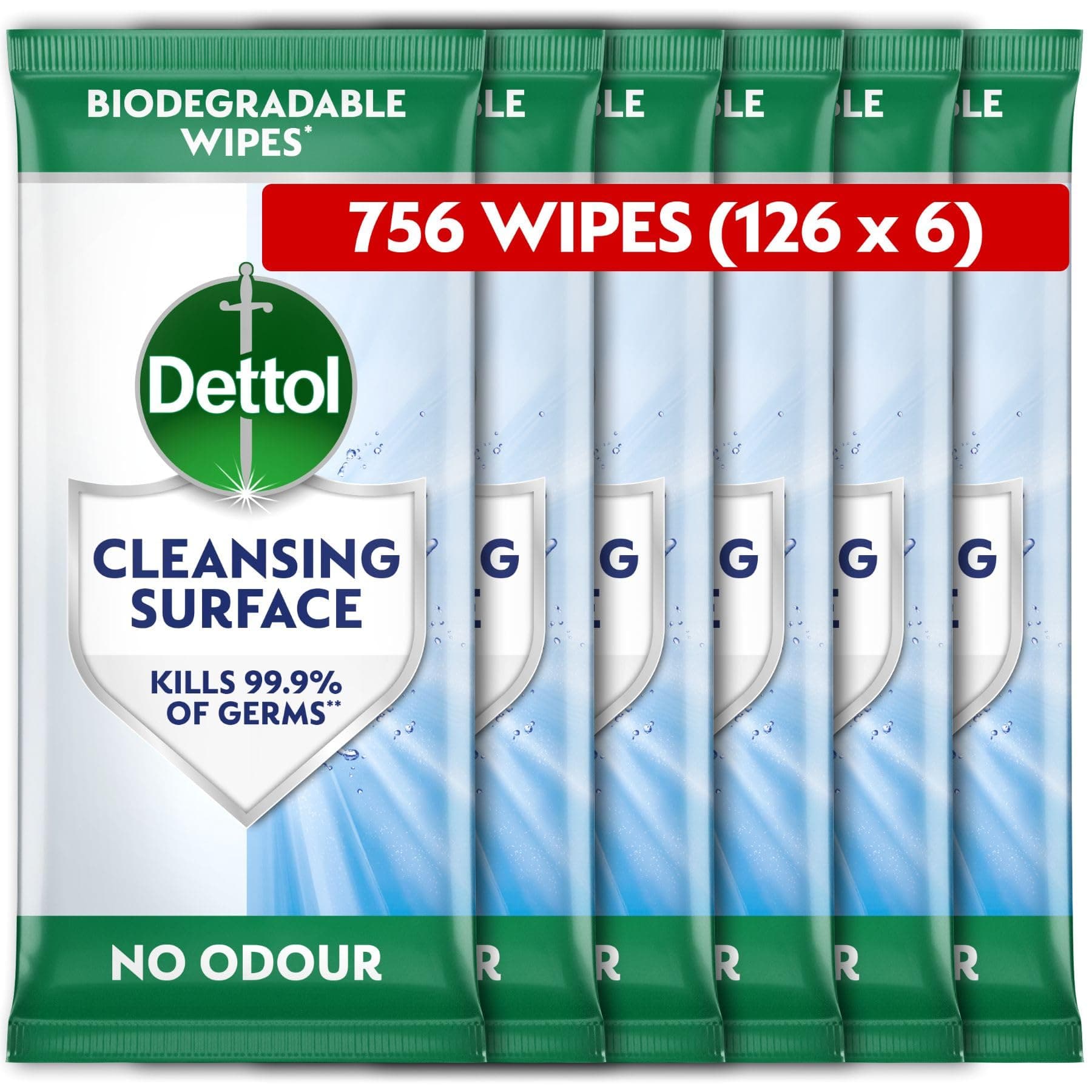 Dettol Antibacterial Cleansing Surface Biodegradable Wipes, Fragrance Free, 756 Wipes (126 x 6pck), Disinfectant, Home Hygiene, Kills 99.9 Percent of bacteria & enveloped viruses