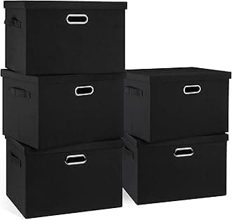 Large 17" 36 Quart Collapsible Stackable Storage Bins with Lids, 5 Packs Black Linen Fabric Closet Boxes with Lids, Storage Cube Baskets Container Organizers for Bedroom Office(17 x12 x11)