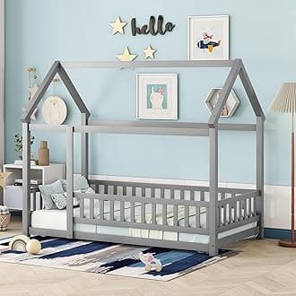 Bellemave Twin Size House Floor Bed Frame,Wooden Montessori Floor Bed with Fence for Kids,Twin Size Kids Bed,Gray