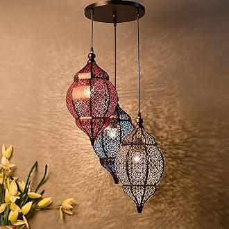 Homesake Moroccan Hanging Pendant Lights - Vintage Handcrafted Metal Ceiling Lamps, Jhumar Chandelier for Living Room, Bedroom, Dining Room - LED Compatible, Festive Lighting, Home Decor
