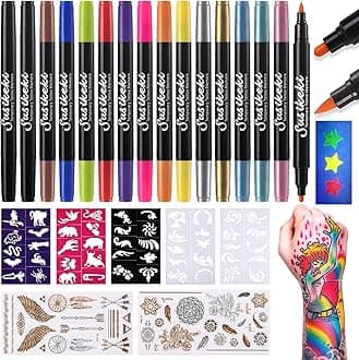Temporary Tattoo Markers for Skin, 15 Dual Tip Fake Tattoo Pens – Glitter, Matte, Neon Glow Body Marker with 50 Paint Stencils & 43 Stickers, Washable Markers for Teens & Adlut