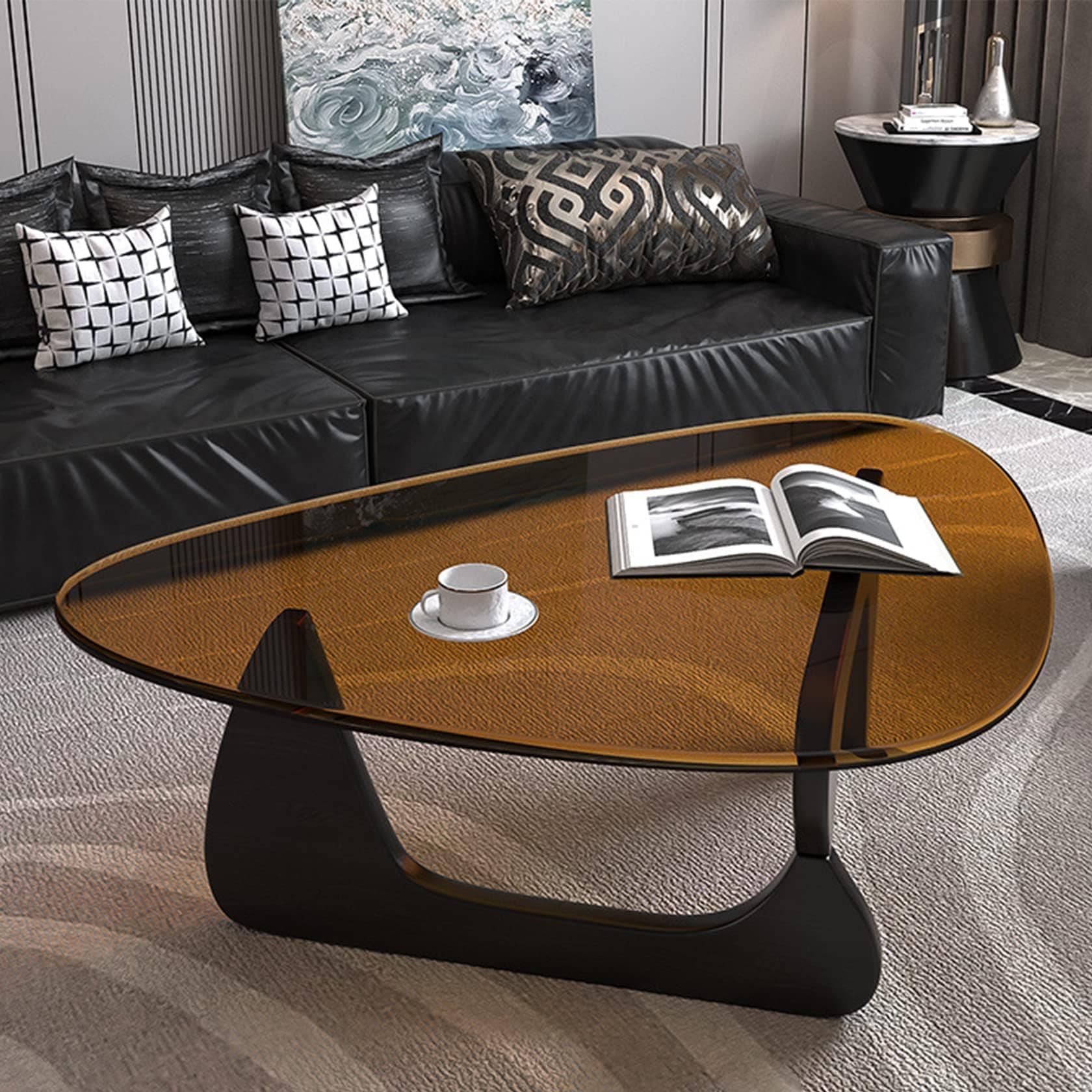 Coffee Table - Triangle Glass Coffee Table with Solid Wood Base Minimalist Modern Design Mid-Century Vintage End Table for Living Room Patio Study (Black/Brown, Small 32.2 * 22.4 * 16in)