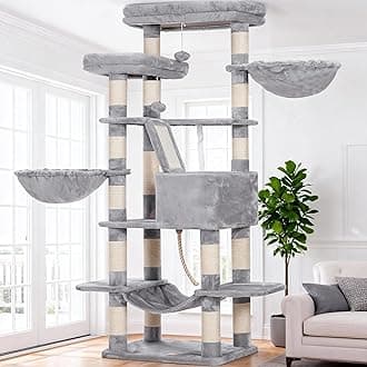 Heybly Cat Tree, 68 inch Multi-Level Cat Tower for Indoor Cats, 2 Widened Plush Perches Cat Condo with Scratching Board and Big Caves, Light Gray HCT025W