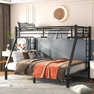 Twin XL Over Queen Bunk Bed, Metal Bunk Bed Frame Heavy Duty Bunk Beds Loft Bed Frame with Ladder and Guardrail Metal Slats No Box Spring Required for Adults Teens, Black