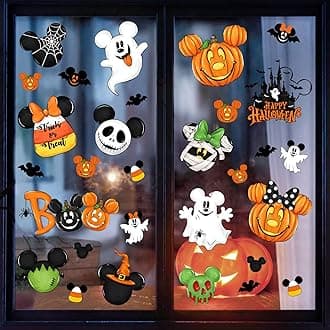 Halloween Mouse Window Clings Decorations, 95 PCS Window Stickers Mouse Shaped, Happy Halloween Double-Sided Large Size Cute Cartoon Ghost Pumpkin Bat Skeleton Reusable Decals for Kids Room Home Party