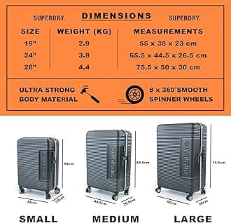 Superdry Hard Sided ABS Suitcases - Hardsided Travel Luggage with 8 Spinner Wheels, TSA Locks | Medium & Small in 3 Colours SUP100, Black/Silver, L, Large, Hardside Luggae with Spinner Wheels