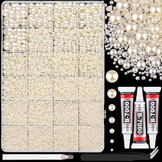 13000Pcs Flatback Pearls for Crafting (Ivory White/Beige), Assorted Size 2/3/4/5/6/8/10mm Half Pearl with 3Pcs 10ml B7000 Jewelry Glue, Bedazzling Bead for DIY Crafts Clothing Tumblers Shoes Nail Art