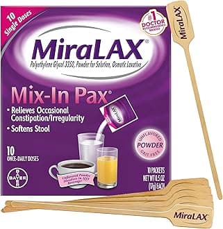 MiraLAX Gentle Constipation Relief Laxative Powder, Stool Softener with PEG 3350, No Harsh Side Effects, Single Dose Mix-In Pax with Mixing Stirrers, Travel Pack, 10 Dose