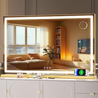 Hasipu Vanity Mirror with Lights, 80 x 50cm LED Makeup Mirror, Lighted Makeup Mirrors with Dimmable 3 Modes, Touch Screen Control Vanity Mirrors Square Gold