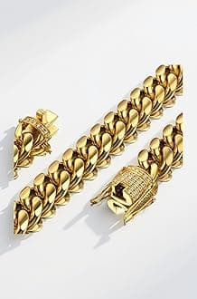 Mens Miami Cuban Link Chain 18K Gold 15mm Stainless Steel Curb Necklace with cz Diamond Chain Choker