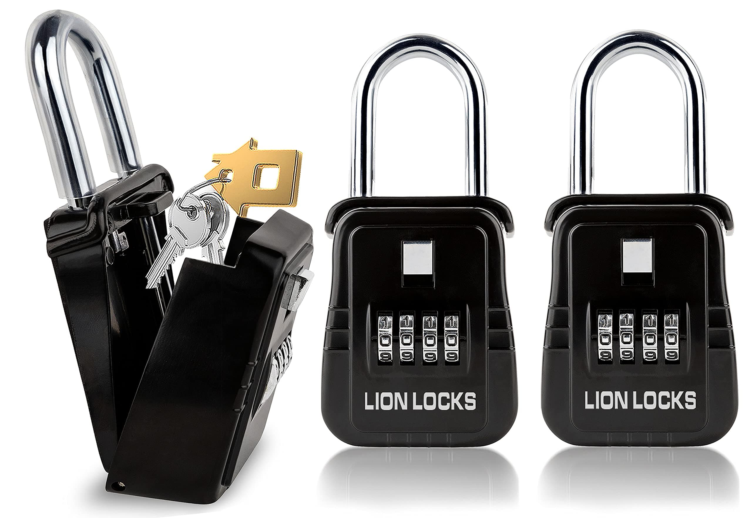 Lion Locks 1500 Key Lock Box with Code, Lockbox for Keys Outdoor, Realtor Lock Box for Short-Term Rentals, Holds 5 Keys (2 Pack, Black)
