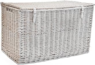 Arthur Cameron - Lightweight Wicker Storage Trunk, Storage Box with Lid & Leather Straps - Woven Chest, Basket, Large Wicker Basket with Lid (White Wash, Extra Large)