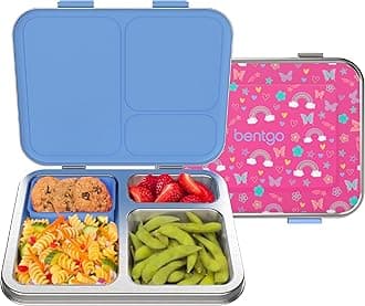 Kids Stainless Steel Prints Leak-Resistant Lunch Box - 3-Compartments with Silicone Container, Durable, Eco-Friendly, Dishwasher Safe, BPA-Free, for School, Ages 3+ (Rainbows & Butterflies)
