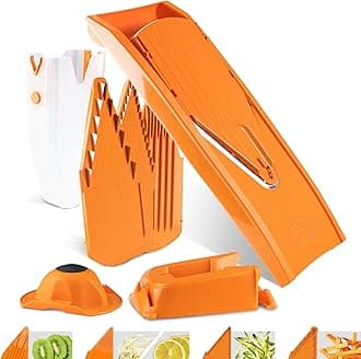Mandoline Slicer V1 (Professional Set) • V-Slicer with 4 Inserts, Fruit Holder, Docking Station, Box • Adjustable Vegetable Slicer • Cuts into Slices, Strips & Dices • Color: Orange