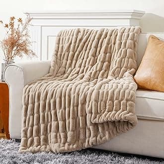 BATTILO HOME Double Side Faux Rabbit Fur Throw Blanket 127x152cm, Super Soft Fuzzy Warm Fur Throws for Sofas Beds Couch, Luxury Plush Thick Fluffy Blanket, Natural Beige KhakiOEKO-TEX STANDARD 100