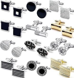 12 Pairs Cufflinks for Men Classic Tone Cuff Links Silver Black Striped Disc Square Rectangle Cuff Links Shirt Suit Men’s Cufflinks For Wedding Groom Business Elegant Gift