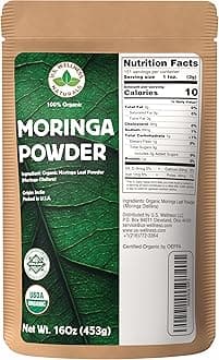Moringa Powder 1LB (16Oz) 100% Certified Organic| 100% Pure Moringa Leaf NO Stems| - Raw from India | Smoothies | Drinks | Tea | Recipes - Resealable Bag
