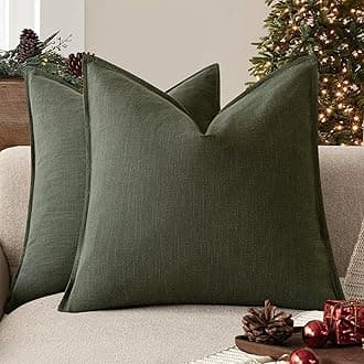 Foindtower Pack of 2, Decorative Linen Solid Throw Pillow Covers Soft Accent Cushion Case Farmhouse Neutral Pillowcase for Chair Couch Sofa Bedroom Living Room Home Decor 18 x 18 Inch Dark Olive Green