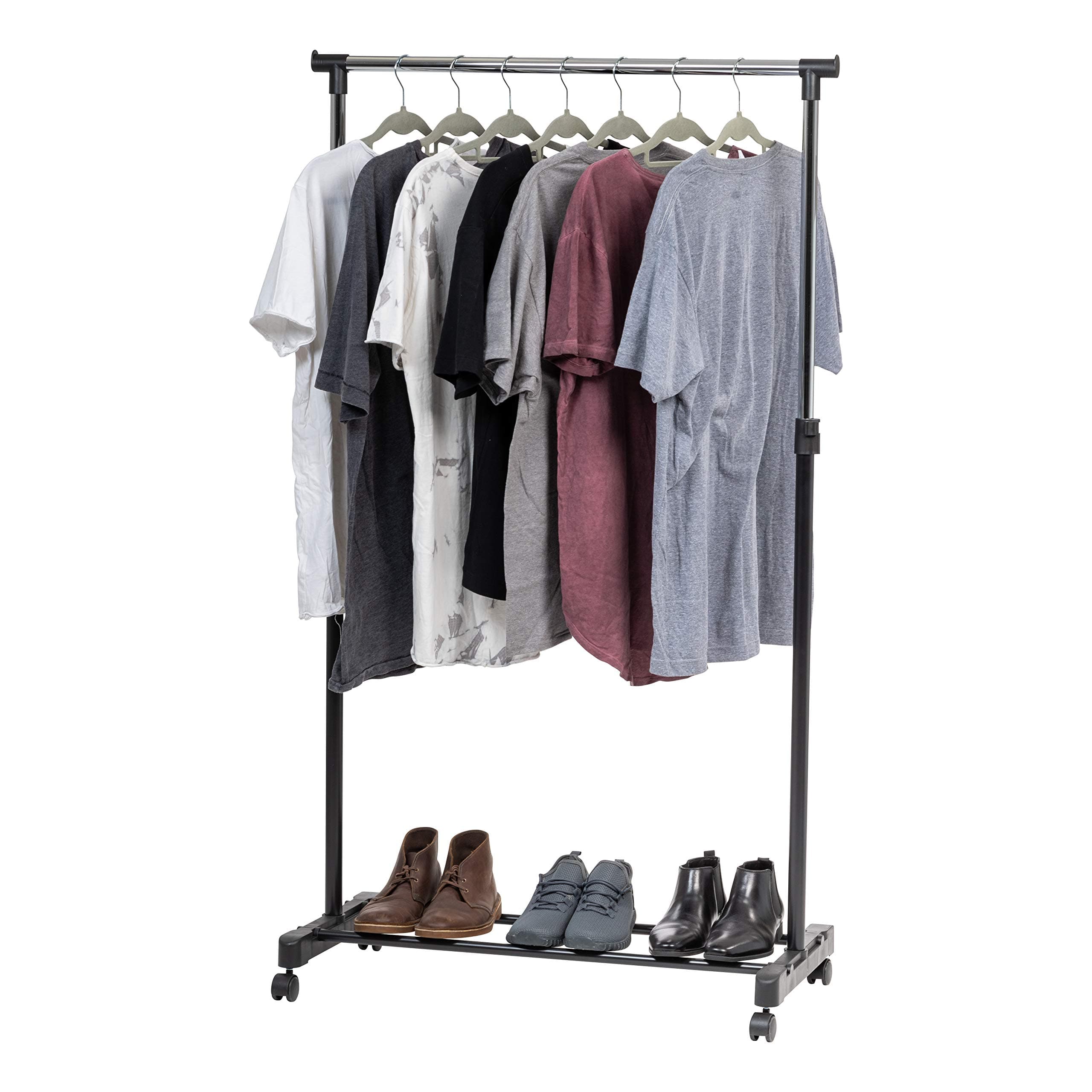 IRIS USA Clothes Rack, Portable Single-Rod Height Adjustable with Lockable Wheels, Rolling Garment Rack, Single Rod Wardrobe Rack, Easy Assemble, for Clothes, Belts, Shoes, and Bags