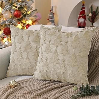 DFXSZ Christmas Tree Pillow Covers 18x18 inch Set of 2 Christmas Decoration Beige Soft Plush Faux Fur Jacquard Throw Pillows for Bedroom Sofa Holiday Festivals Winter Home Decor X PTK009C18
