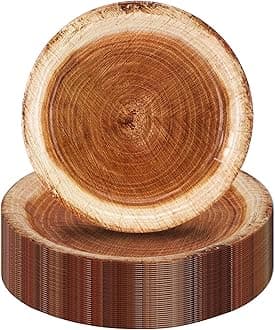 CEILIWEN Wood Grain Party Supplies - 50 Rustic Wood Slice Paper Plates, Farmhouse Round Dinner Plates