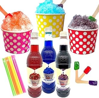 Concession Essentials 115 Piece Snow Cone/Shaved Ice Kit with 75 Ounces of Syrup, Cups, Neon Straws and Bonus Candy Spoons - Perfect for Birthdays, Sporting Events, Festivals