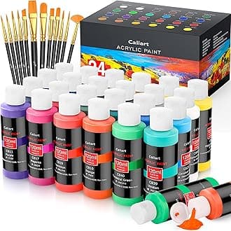 Caliart Acrylic Paint Set With 12 Brushes, 24 Colors (120ml, 4oz) Art Craft Paints for Artists Kids Students Beginners & Painters, Aesthetic Cute Preppy Stuff School Supplies, Canvas Ceramic Wood Rock