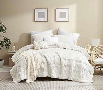 Boho Ivory Quilt King Size Bedding Sets with Pillow Sham, Bohemian Lightweight Soft Bedspread Coverlet, Cream Farmhouse Floral Vintage Thin Comforter Bed Cover for All Season, 3 Pieces, 104x90 inches