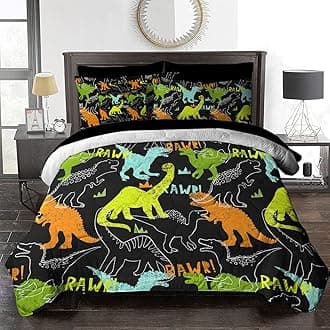 BlessLiving Dinosaur Bed in A Bag Queen Boy Comforter Set 8 Pieces Dino Bedding Set Green Yellow and Orange (1 Comforter, 2 Pillowcases, 2 Pillow Shams, 1 Flat Sheet, 1 Fitted Sheet, 1 Cushion Cover)