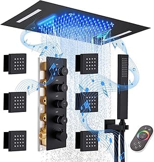MONDAWE 23-Inch 64-Color LED Music Thermostatic Shower Jet System Set, Ceiling Mount Waterfall Rainfall Luxury Rain Shower Head System with Handheld, Matte Black