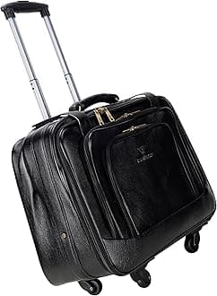 - Steve Johnson Pure Leather 20-Inch Cabin Trolley Bag with Laptop Compartment - 4-Wheel Small Trolley Suitcase for Travel - Professional Cabin Luggage (Black Plain)