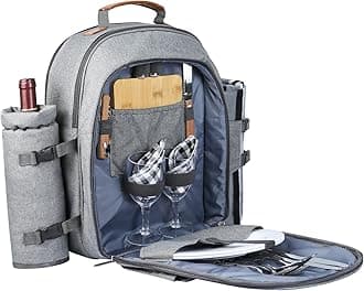 Sunflora Insulated Picnic Backpack for 2 Person Bag with Cooler Compartment, Wine Pouch, Blanket and Stainless Steel Cutlery Set for Couple, Lovers and Friends (Grey)