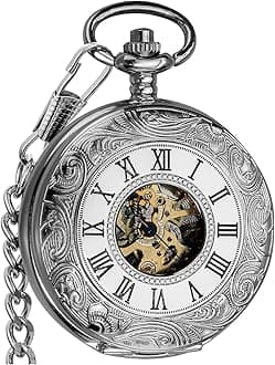 VIGOROSO Men's Pocket Watch with Chain Half Hunter Double Cover Skeleton Mechanical Pocket Watches for Men Dad