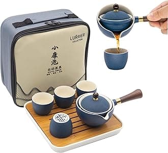 LURRIER Porcelain Chinese Gongfu Tea Set,Portable Teapot Set with 360 Rotation Tea maker and Infuser,Portable All in One Gift Bag for Travel,Home,Gifting,Outdoor and Office(Blue)