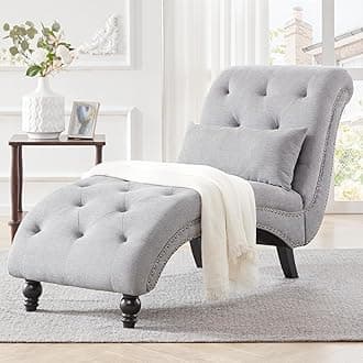 Tufted Soft Chaise Lounge Chair for Bedroom, Linen Rivets Chaise Lounge Indoor, Armless Upholstered Chaise Couch Chair for Living Room with Square Cushions and Solid Wood Legs, Gray