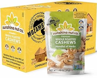 Sunshine Nut Company Whole Roasted Lightly Salted Cashews, Handful of Herbs Flavor, 12-Pack, 1.05 oz. Each, Gluten Free, Peanut Free and Vegan Individual Snack Packs for Kids and Adults, GMO Free