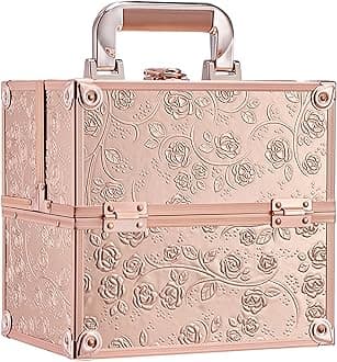 FRENESSA Makeup Train Case Cosmetic Box Portable Makeup Case Organizer 4 Trays Travel Case Storage with Dividers Lockable for Makeup Artist, Crafter, Makeup Tools Rose Gold Floral