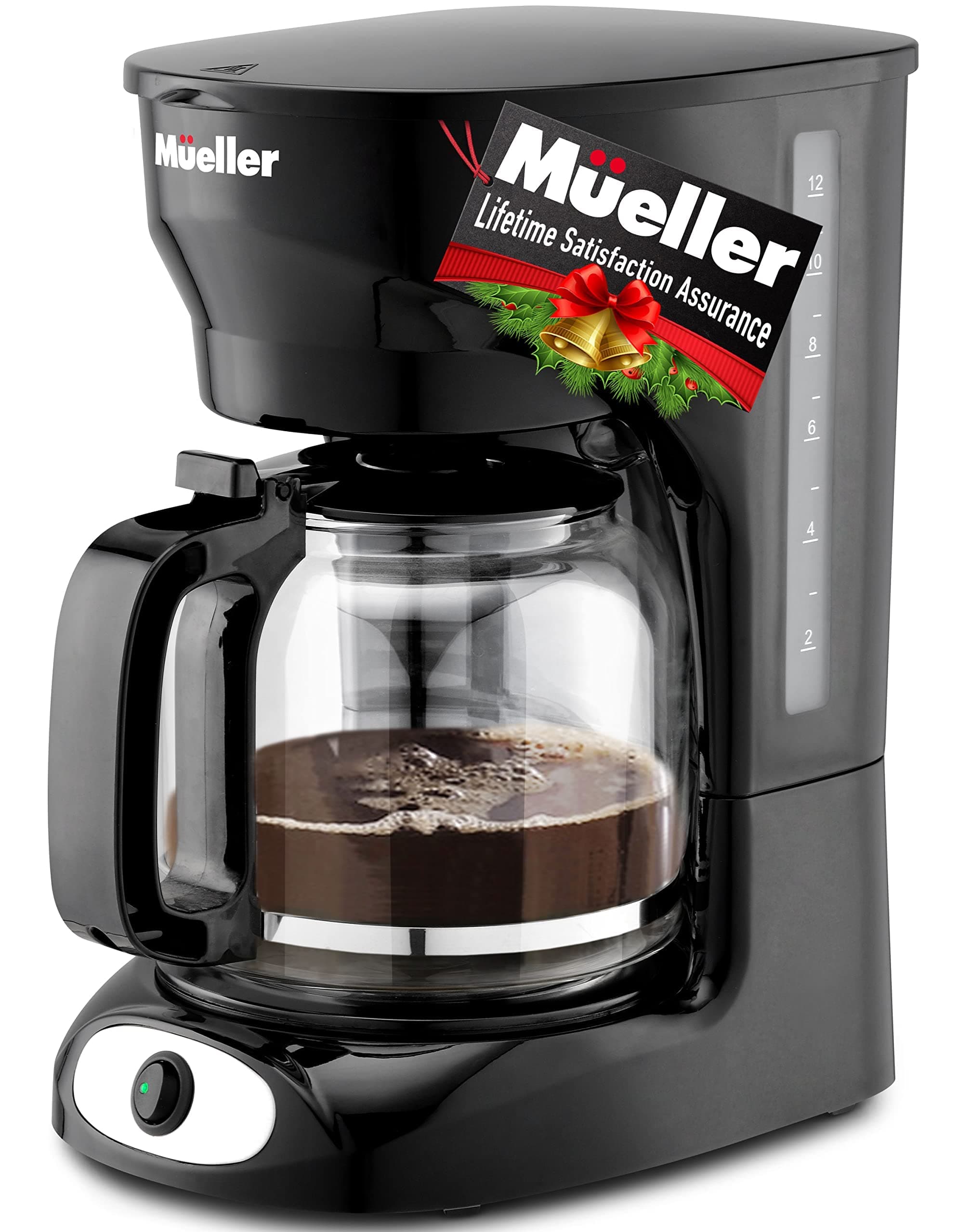 Mueller 12-Cup Drip Coffee Maker, Auto Keep Warm Function, Smart Anti-Drip System, with Durable Permanent Filter and Borosilicate Glass Carafe, Clear Water Level Window Coffee Machine