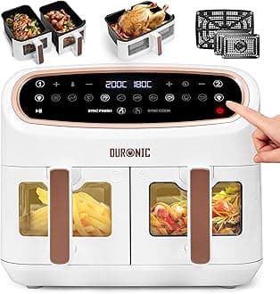 Duronic XXL Air Fryer AF34 WE 10L Digital Family Size Air Fryers Oil Free Triple Drawers 10in1 Dual Zone Extra Large AirFryer for Family Cooking with Dishwasher Safe Non-Stick Baskets White