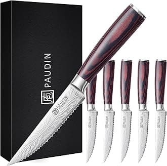 - PAUDIN Steak Knives Set of 6, Kitchen Steak Knife 4.5 Inch, High Carbon Stainless Steel Steak Knives, Serrated Steak Knife with Pakkawood Handle, Dinner Knives with Gift Box