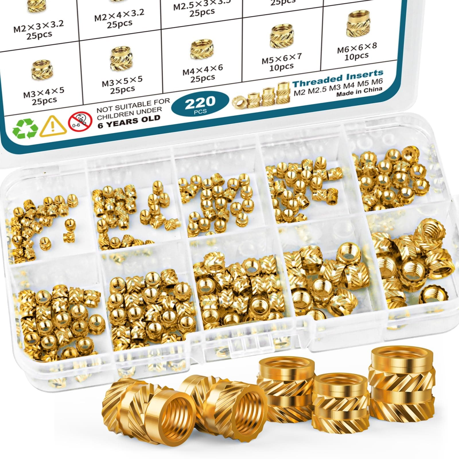 220Pcs Threaded Inserts M2 M2.5 M3 M4 M5 M6 Brass Heat Set Insert for Plastic and 3D Printing Components